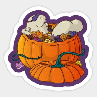 Autumn manatee - manatee with sleep mask bathing in pumpkin full of leaves, surrounded by mushrooms Sticker